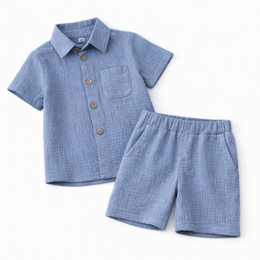 Set albastru camasa cu pantaloni scurti din muselina