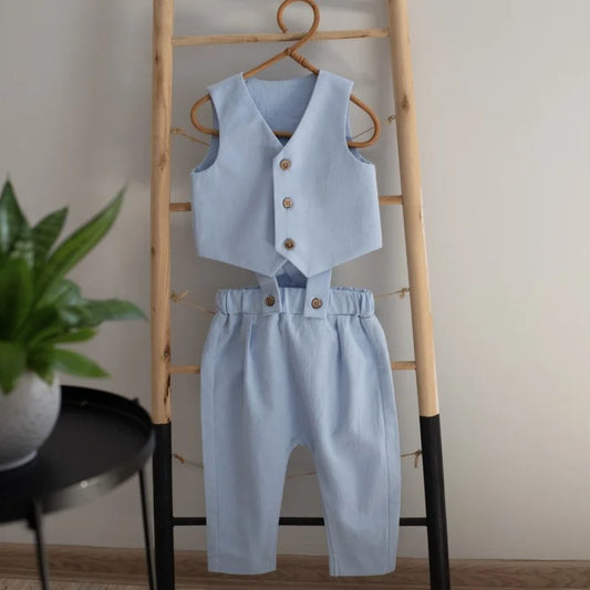 Costum botez baieti albastru vesta cu pantaloni