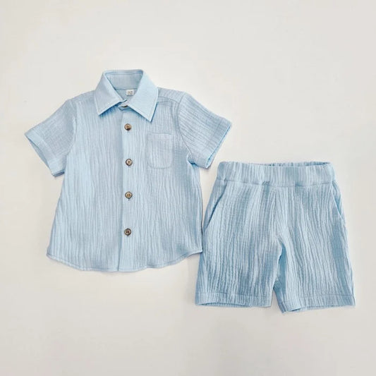 Set albastru camasa cu pantaloni scurti din muselina