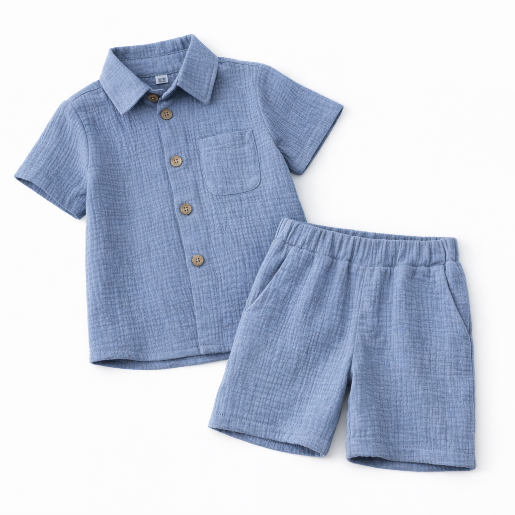 Set albastru camasa cu pantaloni scurti din muselina