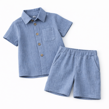 Set albastru camasa cu pantaloni scurti din muselina